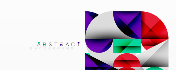 Modern abstract design features vibrant geometric shapes, overlapping layers, dynamic composition. Bright colors create visual interest.