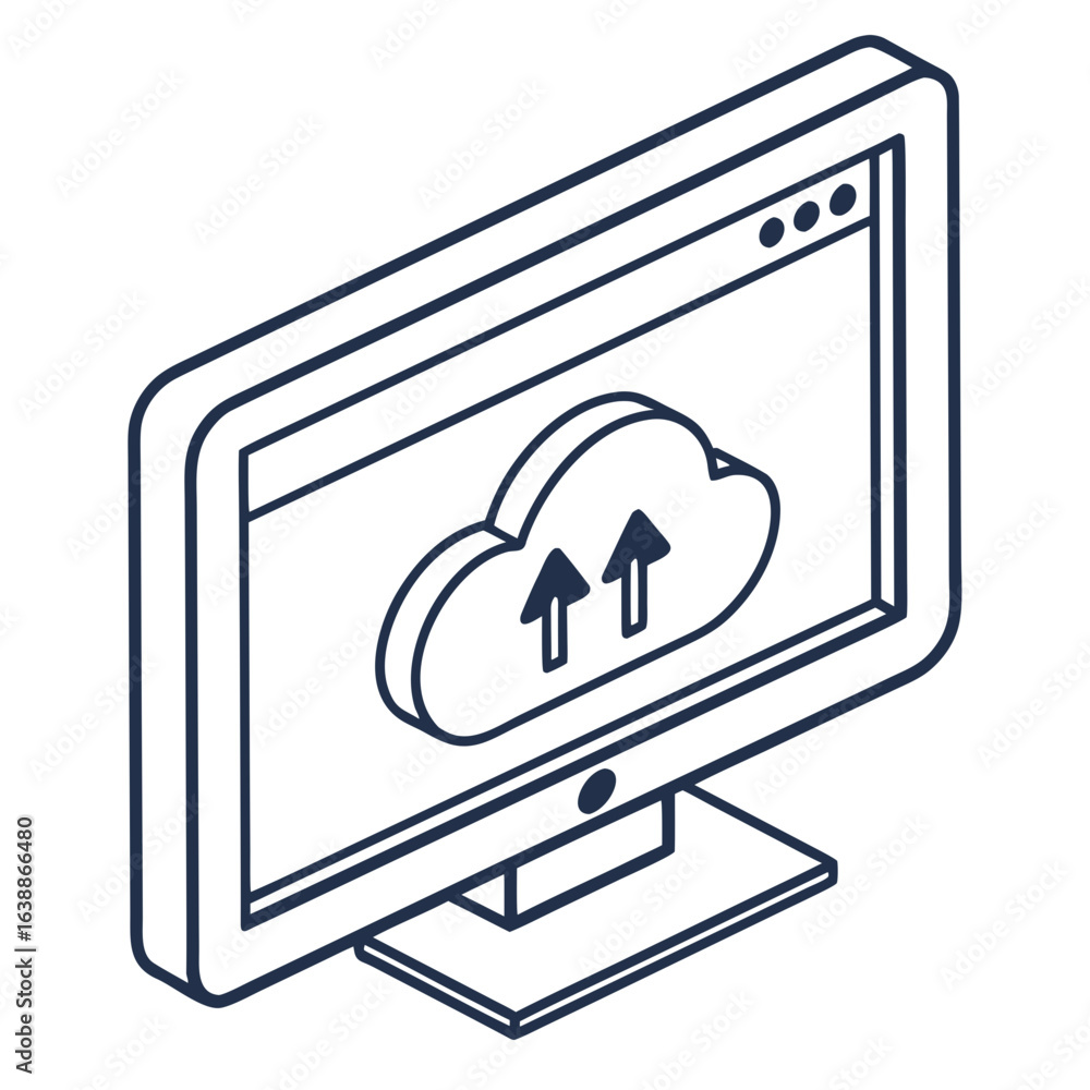 Fototapete computer screen displaying cloud upload icon with upward arrows in isometric view