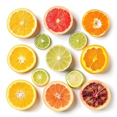 Obraz premium Citrus slices arranged in a grid pattern on white background. Bright, colorful fruit segments. Fresh, healthy, and vibrant