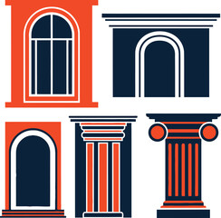 Collection of architectural design elements: window, arched doorways, and classical columns.