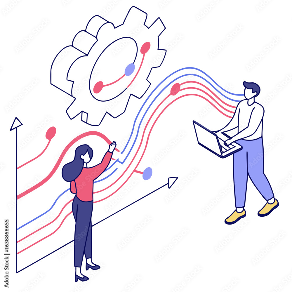 Aufkleber teamwork and data analysis with a gear and graphs