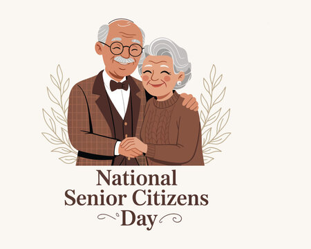 A charming illustration of a happy elderly couple celebrating. Senior man and woman embracing with love on a celebratory day.