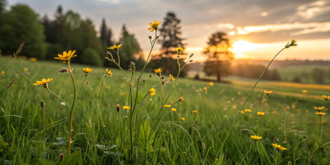 A field of a serene meadow and vibrant green grass, filled with yellow flowers at sunset, with the golden light casting a warm glow over the rural landscape and creating a peaceful atmosphere.