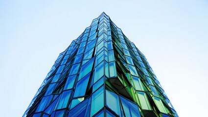 Low angle view of a modern building with blue and green glass panels against a clear sky backdrop