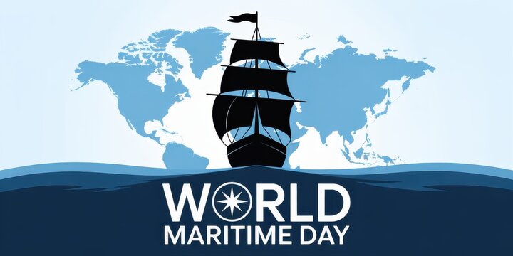 Historic sailing ship navigates the ocean with world maritime day text - Powered by Adobe