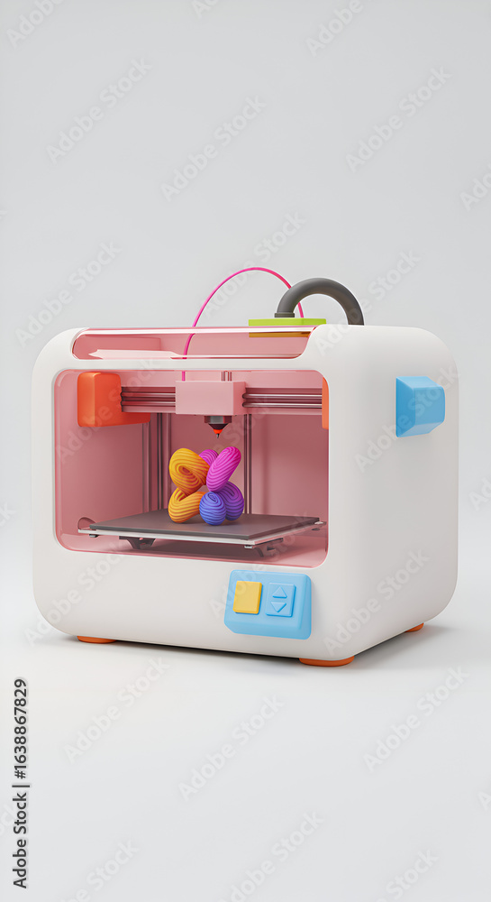 Poster 3d illustration of a white printing machine with colorful object inside