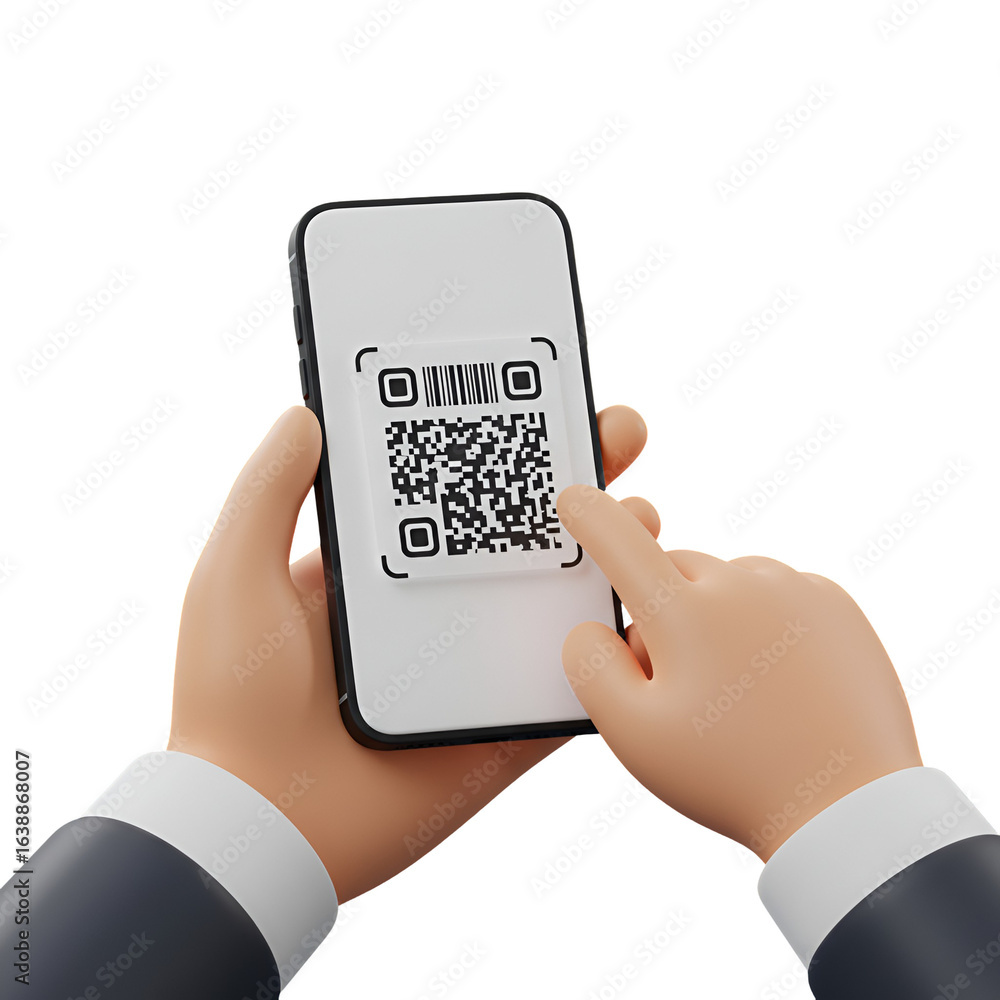 Poster 3d illustration of hand scanning qr code on smartphone with transparent background