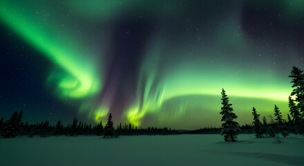 ​A mesmerizing night sky with a vibrant aurora borealis (Northern Lights) illuminating a snowy winter landscape with pine trees.