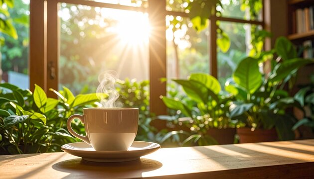 大きな窓から差し込む柔らかい木漏れ日が、テーブルの上に置かれた湯気の立つ一つのコーヒーカップ