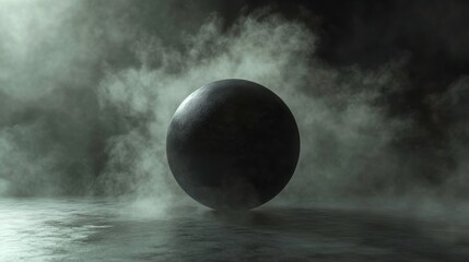 Mysterious Dark Sphere Surrounded by Fog and Atmospheric Smoke