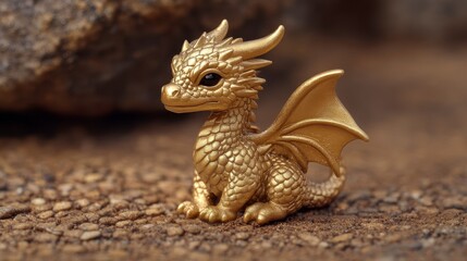 Golden Dragon Figurine Resting on Earthy Background in Natural Light