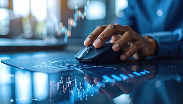 Business Hand Using Mouse On Digital Screen With Charts