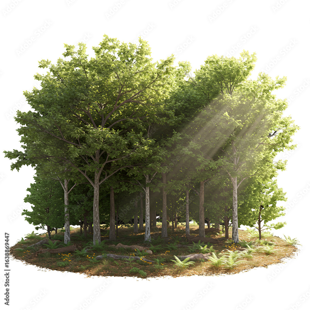 Poster 3d render of forest scene with sunlight streaming through isolated trees