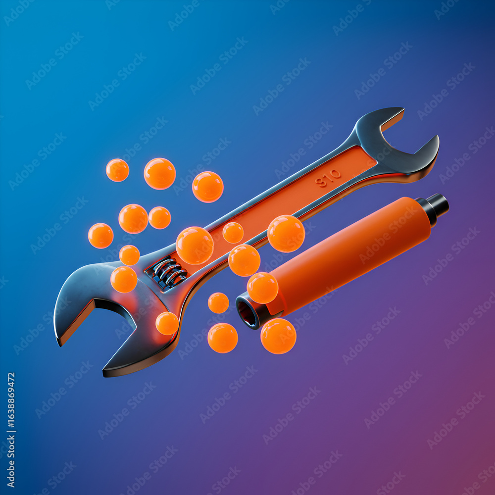 Poster 3d render of an orange wrench and a tool against a gradient background