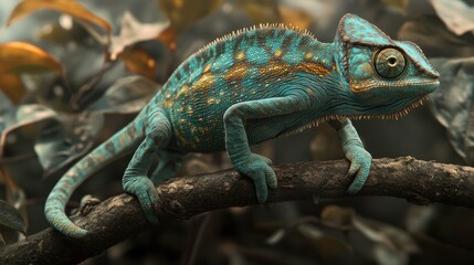 Colorful Chameleon on Branch Surrounded by Foliage in Nature Scene