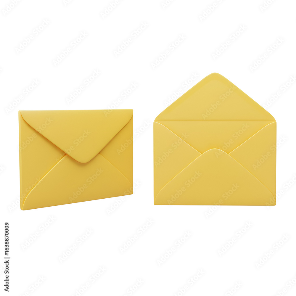 Poster 3d render of yellow envelope closed and open isolated transparent background