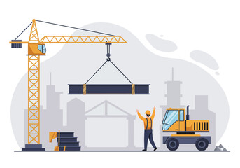 Vector illustration of a professional builder supervising a tower crane lifting a heavy steel beam on a modern construction site with heavy machinery