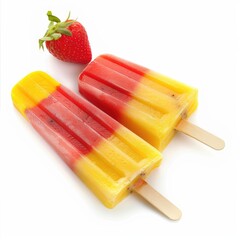 Two vibrant, striped popsicles, one red and one yellow, sit side-by-side,  with a whole strawberry next to them