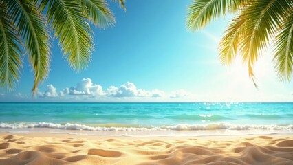 Sunny tropical beach background with clear water, fluffy clouds, and palm leaves swaying in the breeze