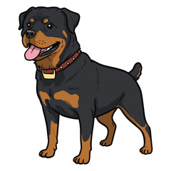 Fototapeta premium Smiling rottweiler standing with tongue out and red collar – stock vector flat illustration