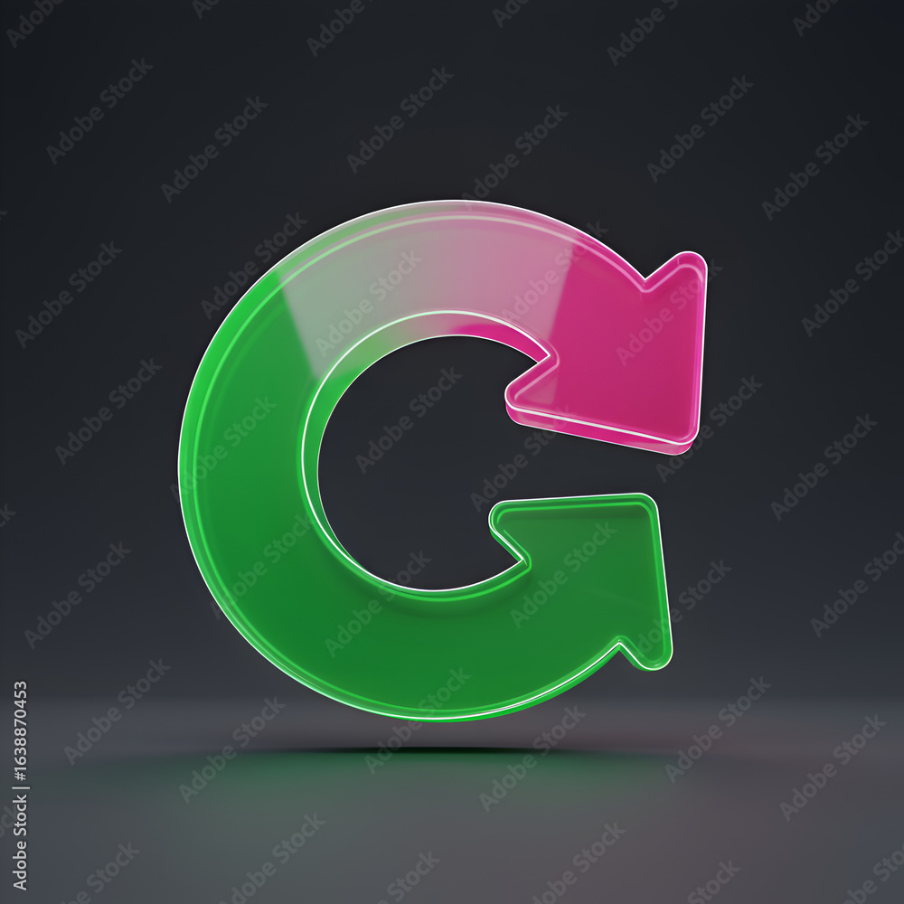 Poster 3d rendered colorful refresh icon on dark background with shadow and lighting