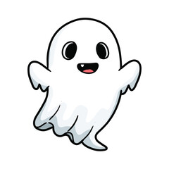 Obraz premium Happy cartoon ghost with cute facial expression and waving arms – stock vector flat illustration