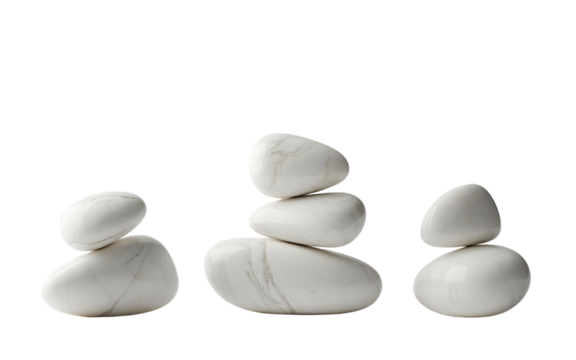 Smooth White Stones Stacked in a Zen Like Arrangement on transparent background for Serene Meditation