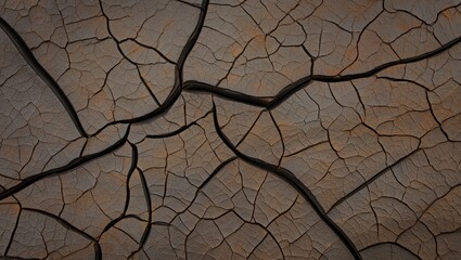 A close up of cracked earth with dark lines showing extreme dryness and lack of moisture content