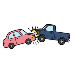 Naklejka premium Cartoon illustration of blue truck and red car collision in head-on accident – stock vector flat illustration