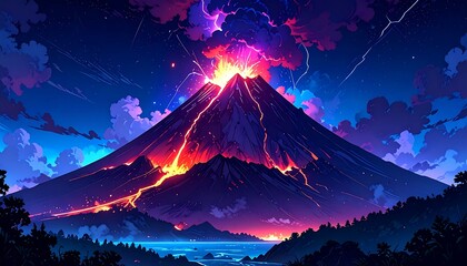 Vivid illustration of a volcano erupting at night.