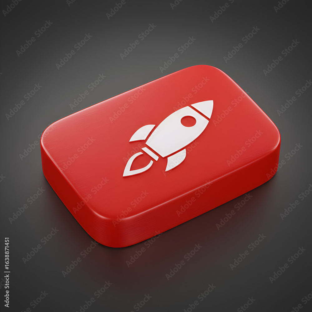 Poster 3d rendered red rocket button icon on dark background for launching