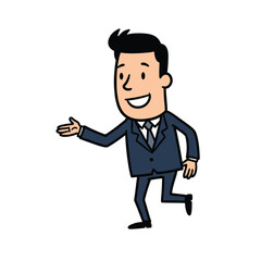 Obraz premium Cartoon drawing of smiling young caucasian male in suit offering handshake – stock vector flat illustration