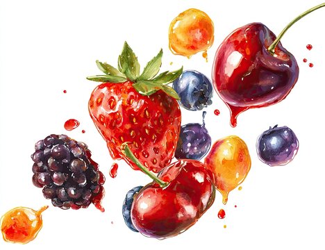 Vibrant, juicy berries and cherries, dripping with syrup, against a white background