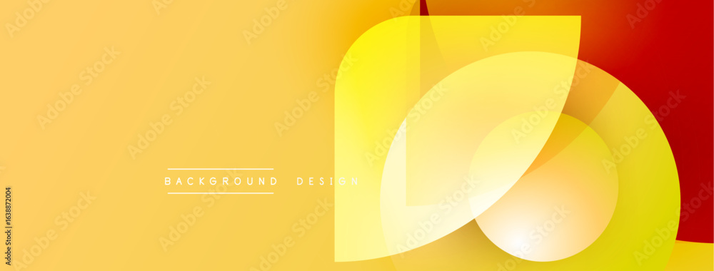 Poster bright yellow, orange gradient background. overlapping translucent shapes create modern abstract des