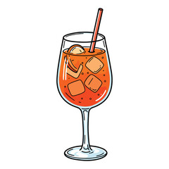 Illustration of aperol spritz cocktail with ice cubes and straw in wine glass – stock vector flat illustration