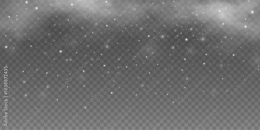 Poster falling blurred white snow particles with soft fog effect on a transparent background. magical ether