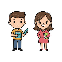 Cartoon children holding books and glue smiling with school supplies – stock vector flat illustration