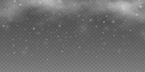 Falling blurred white snow particles with soft fog effect on a transparent background. Magical ethereal light effect for festive or fantasy themes. Shimmering ambiance lights bokeh. Vector.