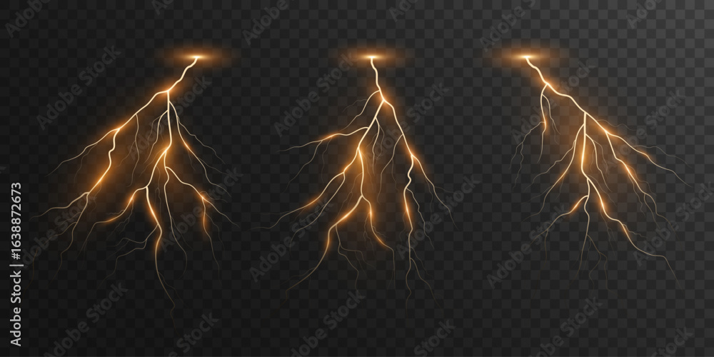 Poster lightning set on dark transparent background. realistic thunderbolt with light effect. golden thunde