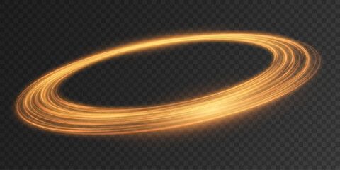 Golden swirling neon light trail on a transparent background. Dynamic swirl for highlighting luxury products or creating magical visual effects. Glowing vortex effect. Vector illustration.