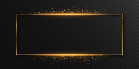 Luxury gold sparkling frame isolated on dark transparent background. Magic golden banner with dynamic magical particles. Vector illustration.