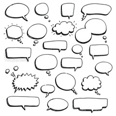 Fototapeta premium Collection of hand-drawn speech and thought bubbles in black and white – stock vector flat illustration