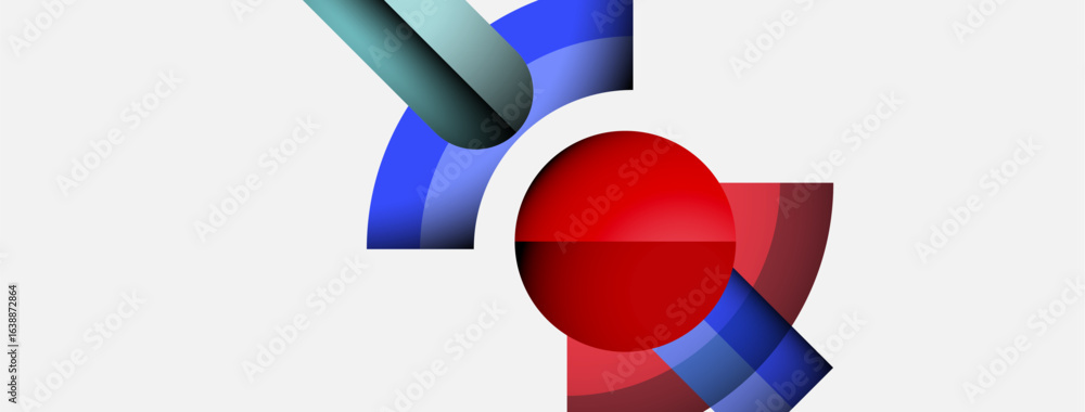 Poster abstract geometric shapes, red circle, blue curves, white background. modern design elements create 