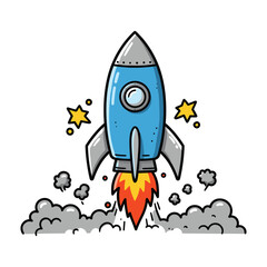 Cartoon rocket launch with stars and smoke in space illustration – stock vector flat illustration