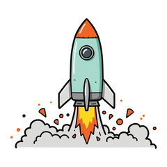 Cartoon rocket launching with smoke and flames &ndash; stock vector flat illustration