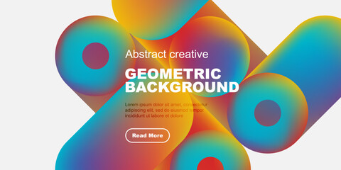 Colorful abstract shapes overlap white, black space. Text promotes geometric background design, includes read more button.