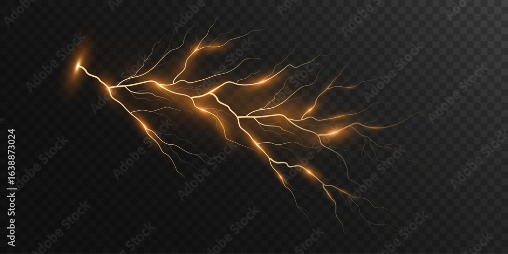 Poster realistic golden lightning isolated on dark transparent background. thunderbolt with light effect. t