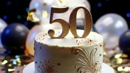 Elegant 50th birthday cake on a decorated table, ultra-realistic details of white frosting with gold accents, surrounded by balloons and confetti