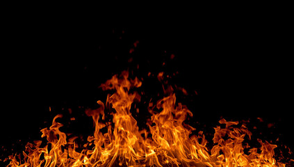 Bright orange flames of a roaring fire burning against a solid black background.