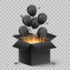 Black balloons fly out of open 3d box with a golden glow and magical dust on transparent background. Graphic elements for sale design. Vector illustration. © sersupervector